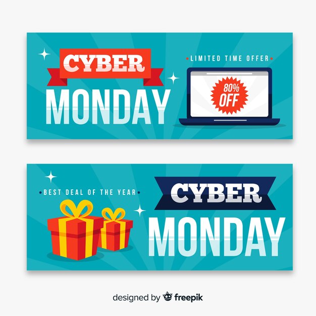 Banners coloridos de cyber monday con diseño plano