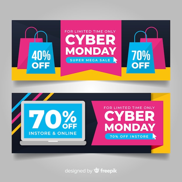 Vector gratuito banners coloridos de cyber monday con diseño plano