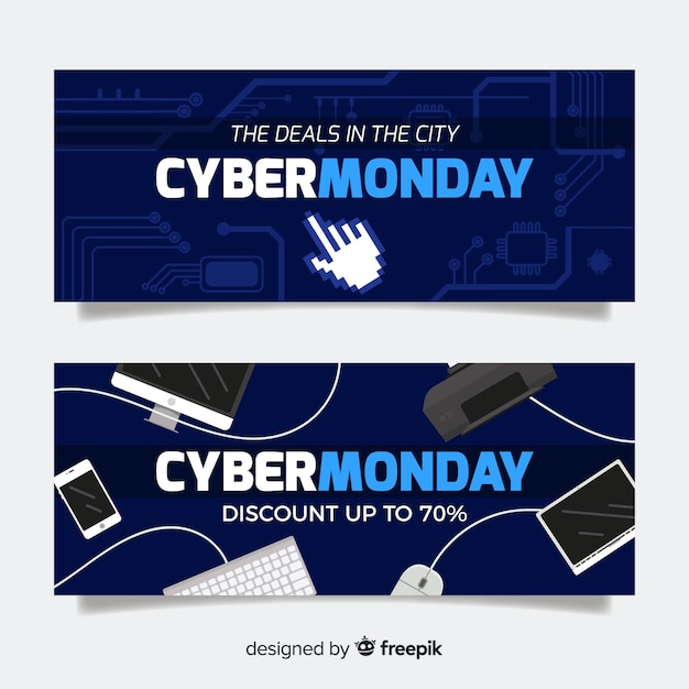 Banners coloridos de cyber monday con diseño plano