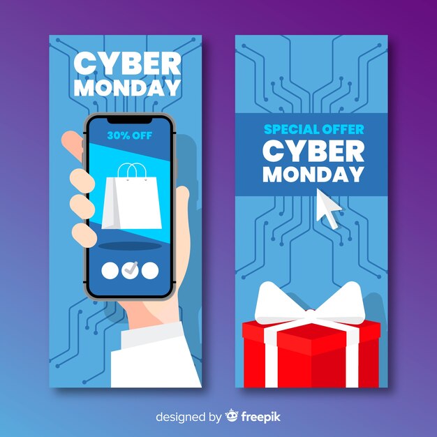 Banners coloridos de cyber monday con diseño plano