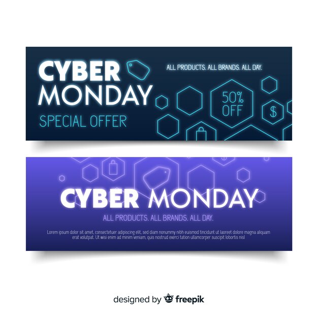 Banners coloridos de cyber monday con diseño plano