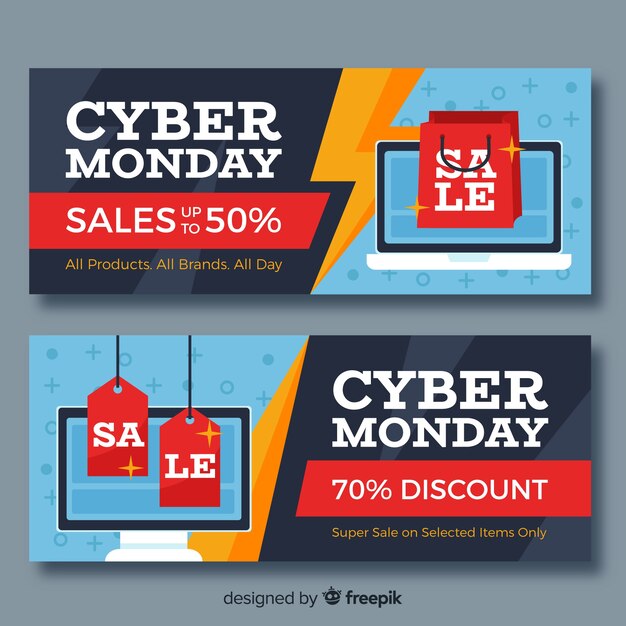 Banners coloridos de cyber monday con diseño plano