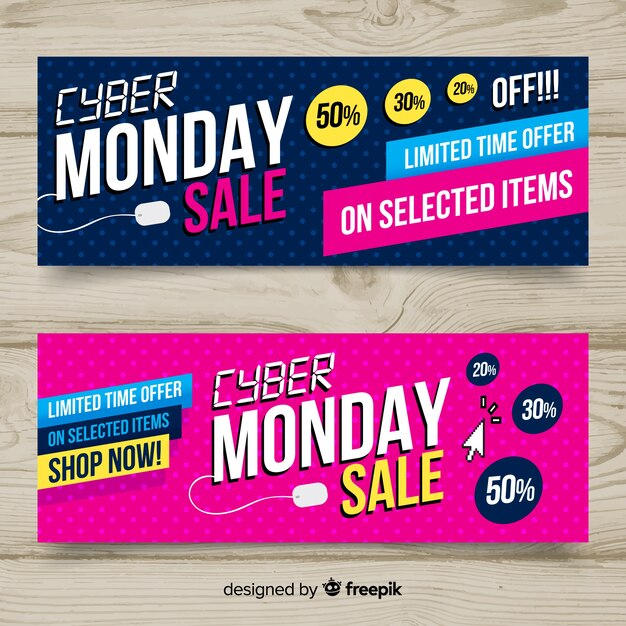 Vector gratuito banners coloridos de cyber monday con diseño plano