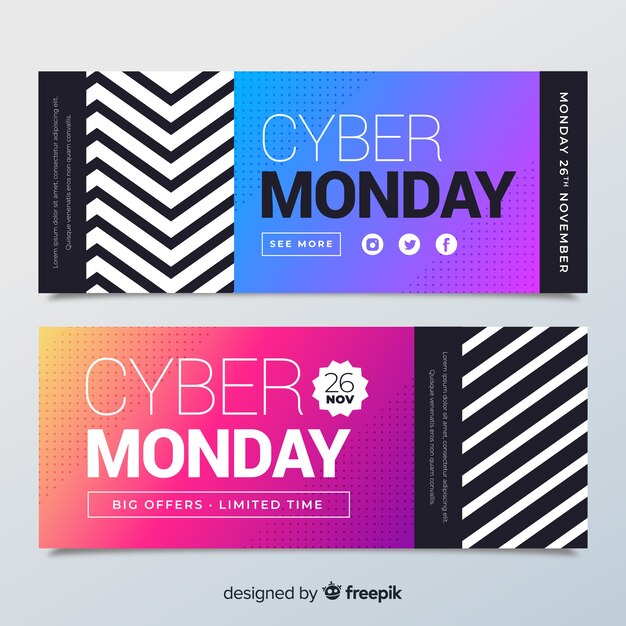 Banners coloridos de cyber monday con estilo de degradado