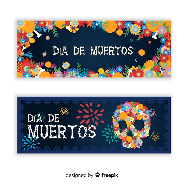 Banners coloridos del día de los muertos dibujados a mano