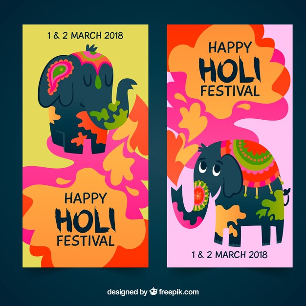 Vector gratuito banners coloridos para el holi festival con elefantes