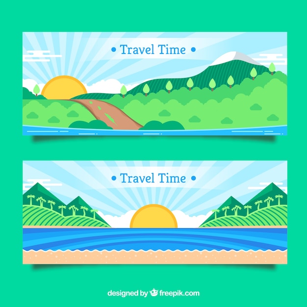 Vector gratuito banners coloridos de viaje con diseño plano