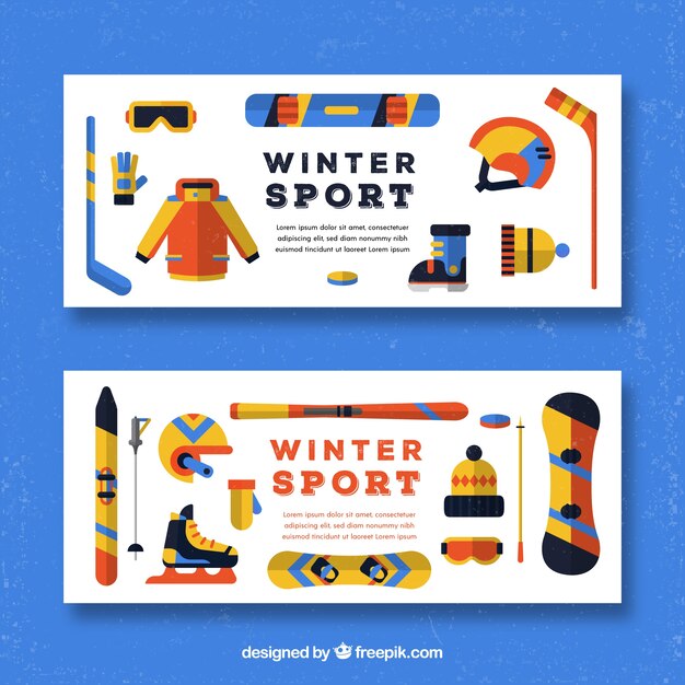 Banners con concepto de deportes de invierno con elementos coloridos