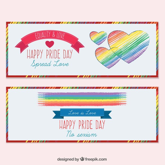 Banners de corazones y bandera pintados a mano del día del orgullo  