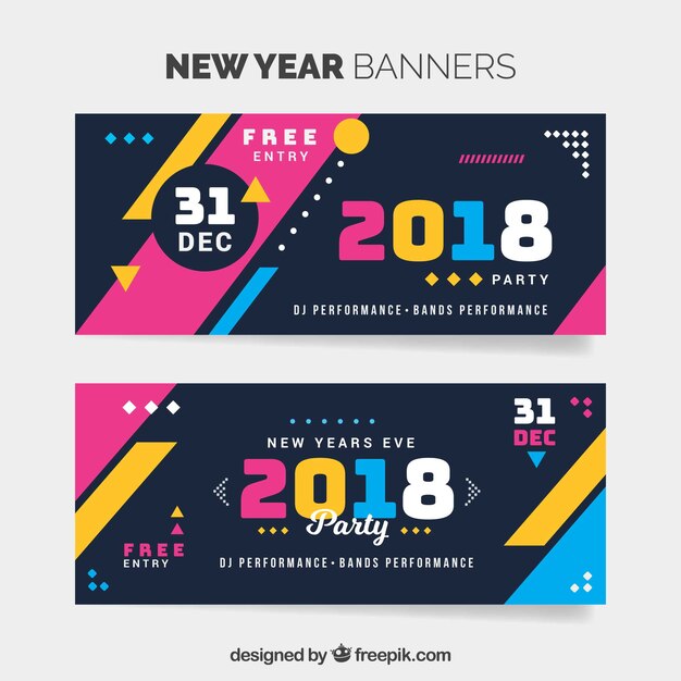 Banners creativos coloridos de año nuevo 2018