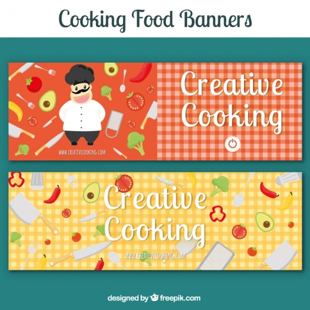 Banners a cuadros con chef e ingredientes