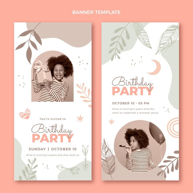 Banners de cumpleaños boho dibujados a mano verticales