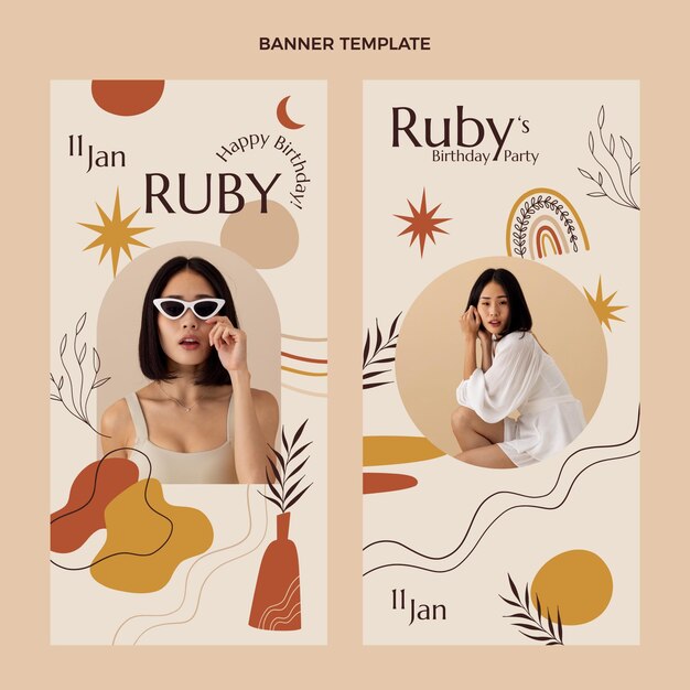 Banners de cumpleaños boho dibujados a mano verticales