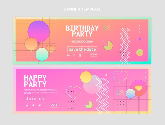 Banners de cumpleaños coloridos degradados horizontales