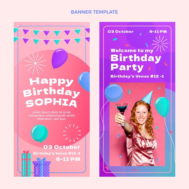 Banners de cumpleaños coloridos degradados verticales