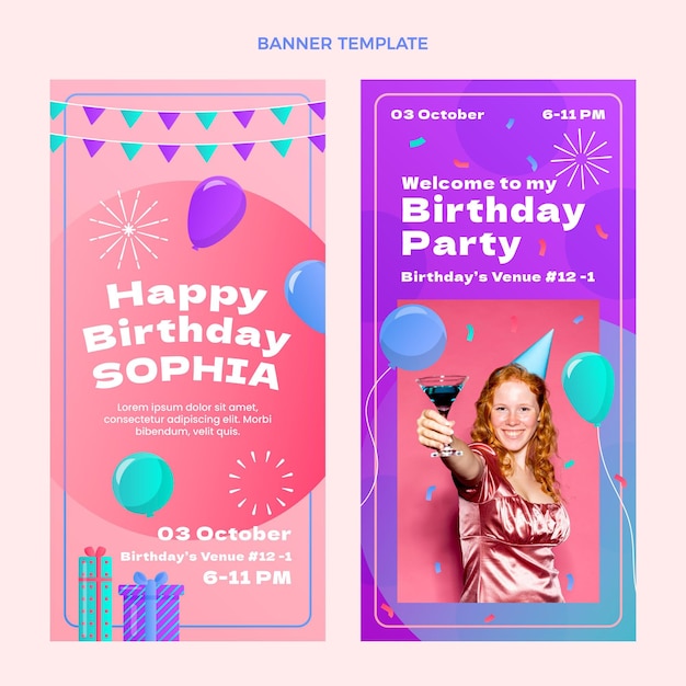 Banners de cumpleaños coloridos degradados verticales