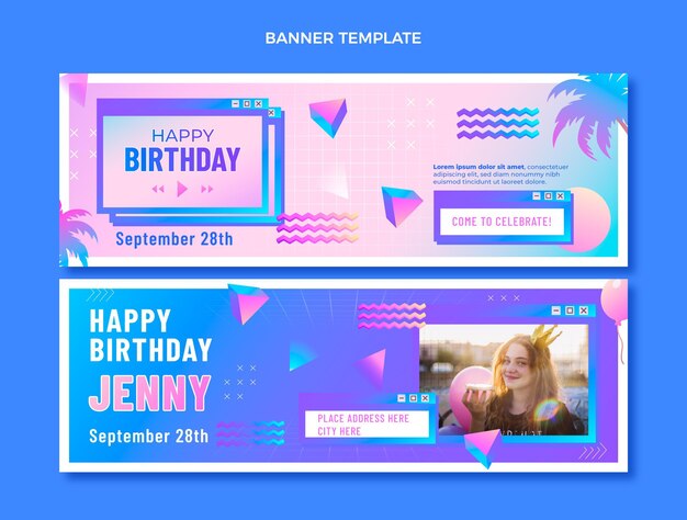 Banners de cumpleaños degradado retro vaporwave horizontales
