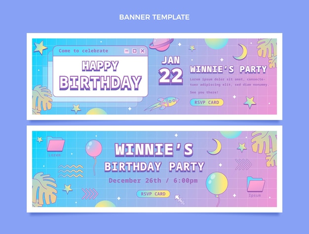 Banners de cumpleaños degradado retro vaporwave horizontales