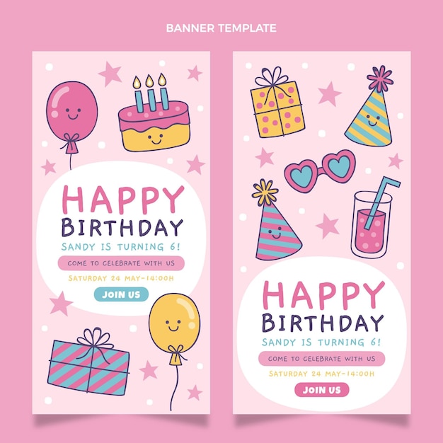 Banners de cumpleaños infantiles dibujados a mano verticales