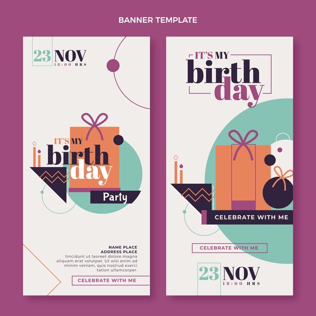 Banners de cumpleaños mínimos de diseño plano verticales