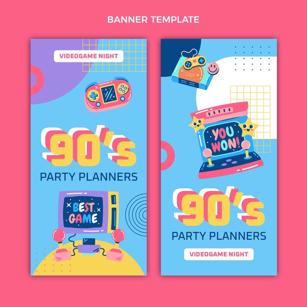 Banners de cumpleaños nostálgicos de diseño plano de los años 90 verticales