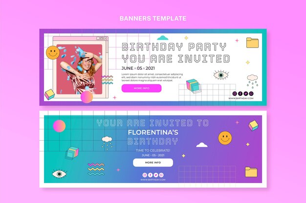 Banners de cumpleaños de vaporwave retro degradado horizontal