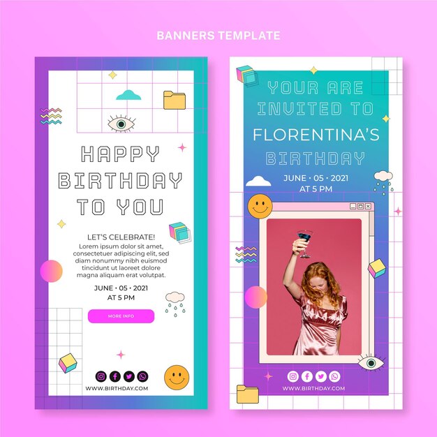 Banners de cumpleaños de vaporwave retro degradado vertical