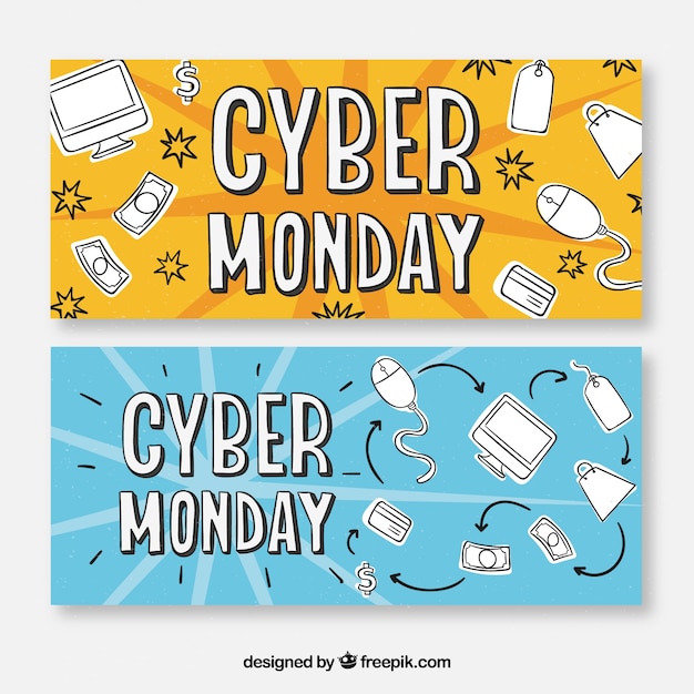 Banners de cyber monday dibujados a mano amarillos y azules