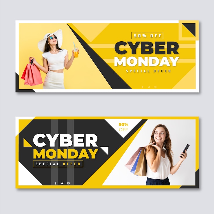 Vector gratuito banners de cyber monday de diseño plano con foto