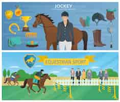 Vector gratuito banners decorativos de color horizontal que representan jockey con equipo y caballo.