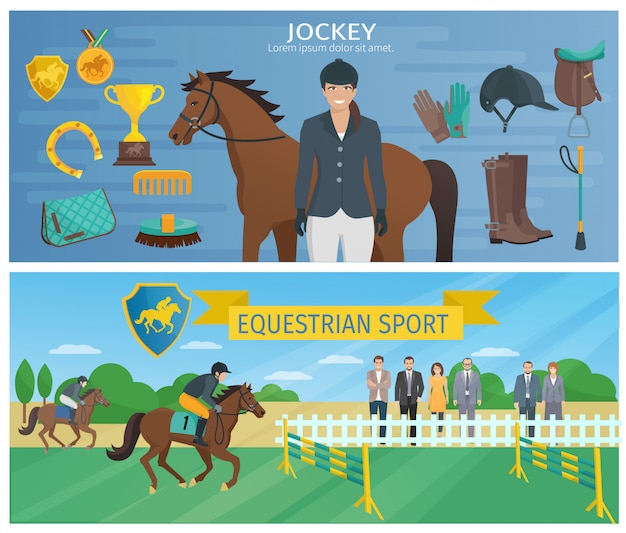 Banners decorativos de color horizontal que representan jockey con equipo y caballo.