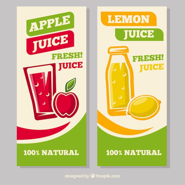 Banners decorativos con zumos de manzana y limón en diseño plano