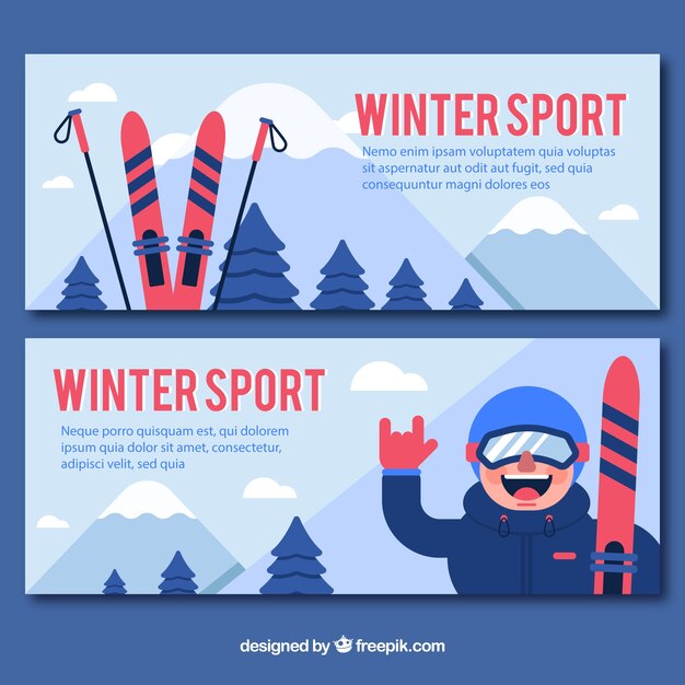 Banners de deportes de invierno con hombre feliz