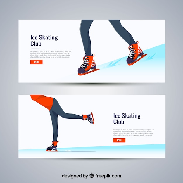 Vector gratuito banners de deportes de invierno con mujer patinando sobre hielo