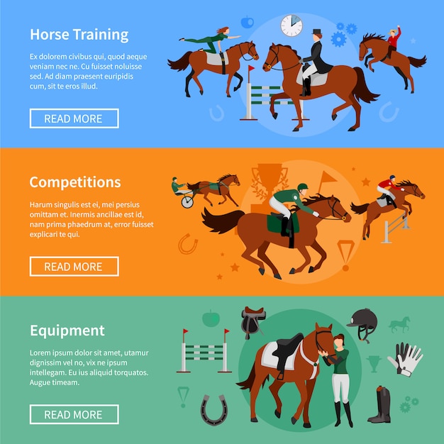 Vector gratuito banners deportivos de equitación con elementos de municiones y jinetes empleados en el entrenamiento de caballos.