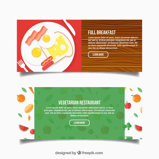 Banners de desayuno y restaurante vegetariano 