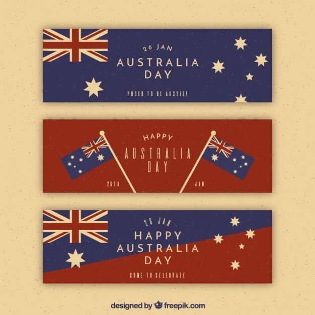Vector gratuito banners del día de australia azules y rojos en estilo vintage