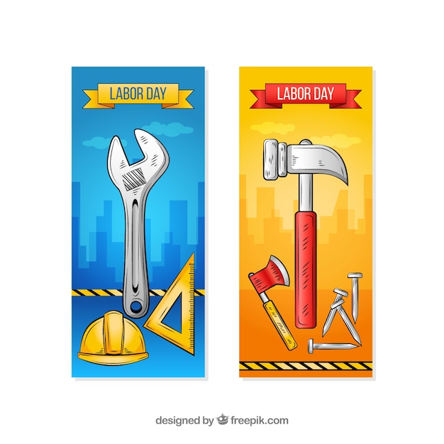 Banners de día laboral con herramientas