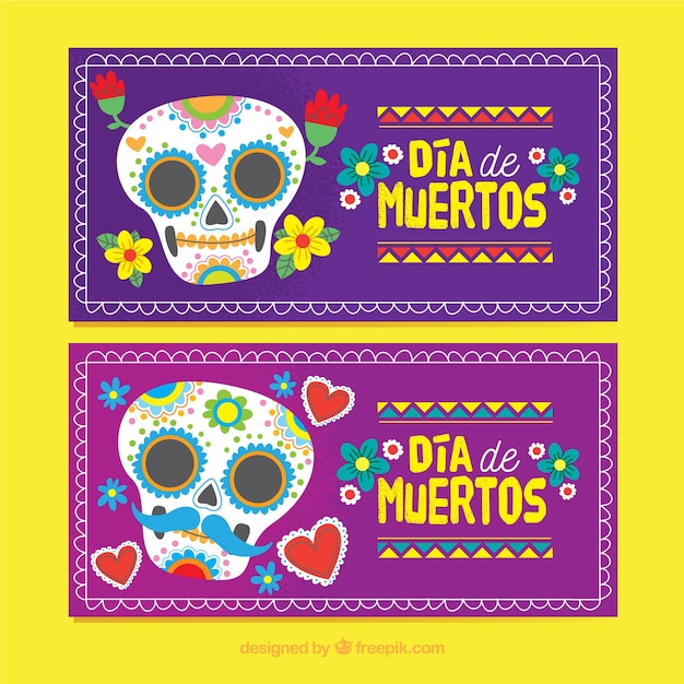 Banners del día de muertos con calaveras sonrientes