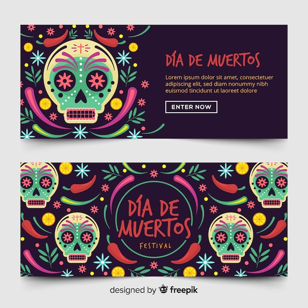 Banners del día de muertos con cráneos