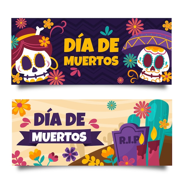 Vector gratuito banners de dia de muertos dibujados a mano