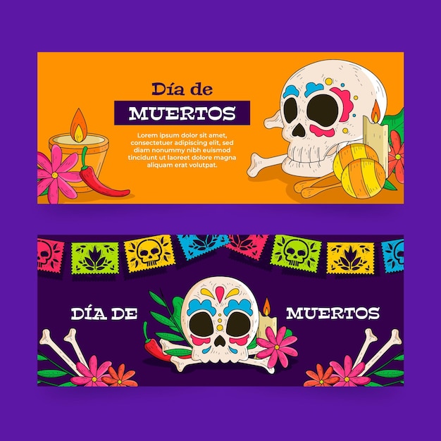 Banners de dia de muertos dibujados a mano