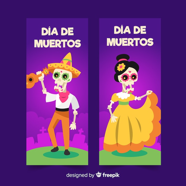 Banners de dia de muertos en diseño plano