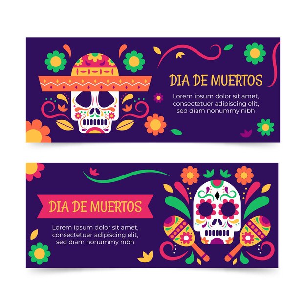 Banners de dia de muertos en diseño plano