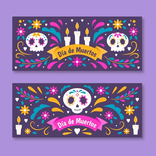 Banners del día de muertos en diseño plano.
