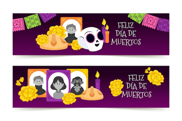 Vector gratuito banners de dia de muertos en diseño plano