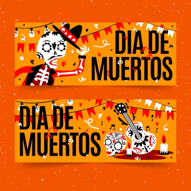 Vector gratuito banners de dia de muertos en diseño plano