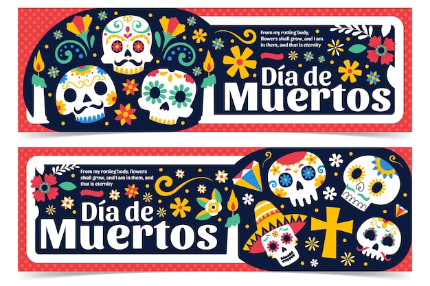 Vector gratuito banners de día de muertos en diseño plano