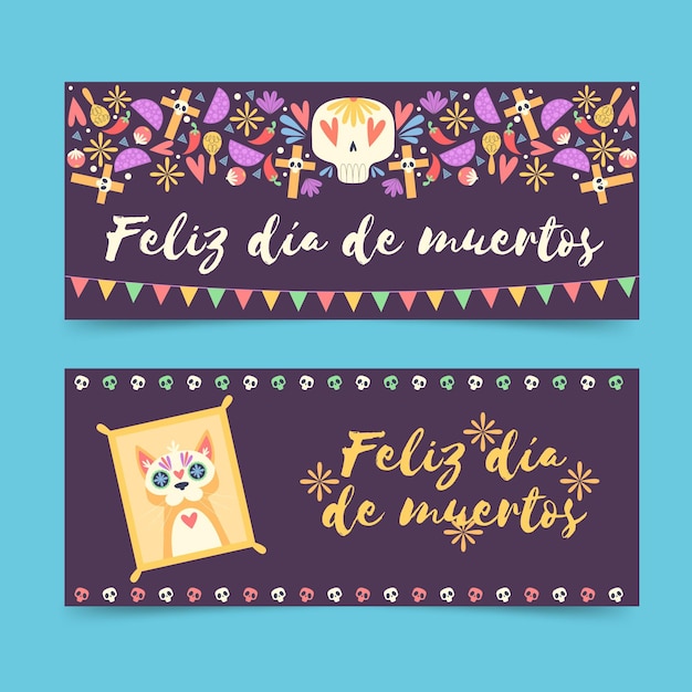 Banners de día de muertos en diseño plano