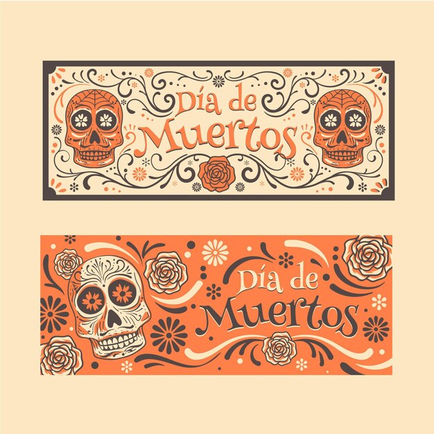 Banners del día de muertos de diseño vintage